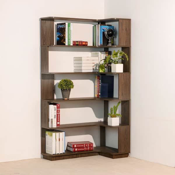 Saniya 64.56 in. Tall Dark Brown Wood 5-Tier Freestanding L-Shaped Corner Bookcase For Living Room