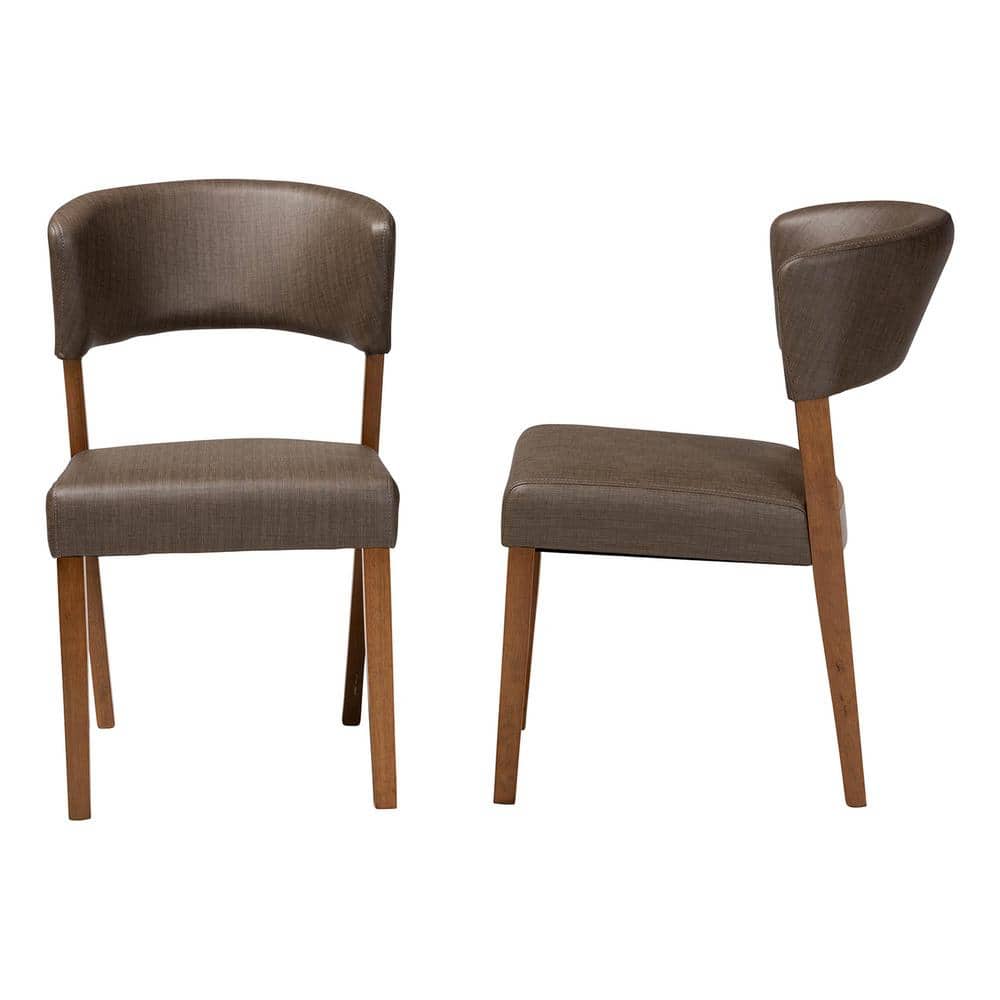 Gray Faux Leather and Walnut Wood Mid-Century Dining Chairs