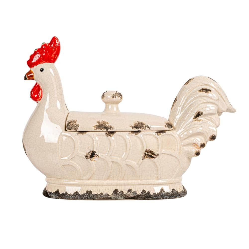 Rustic White Stoneware Rooster Container with Lid