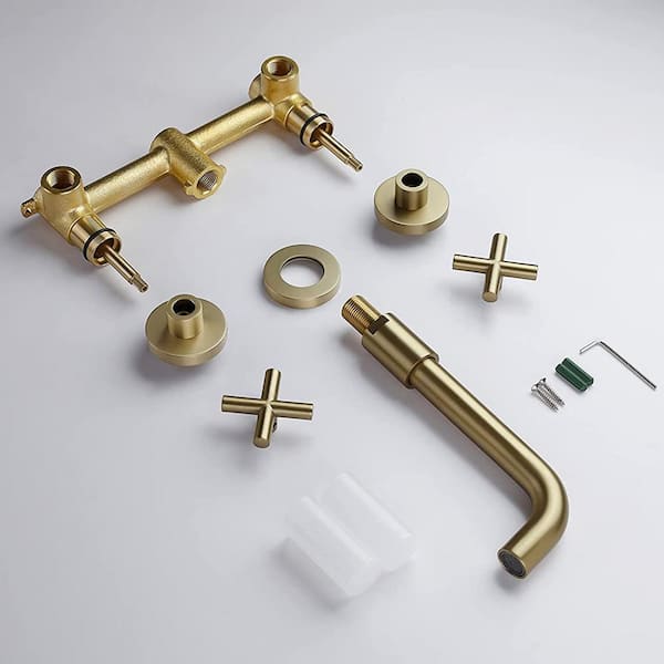 2-Handle Wall Mount Bathroom Faucet with Cross Handles in Brushed