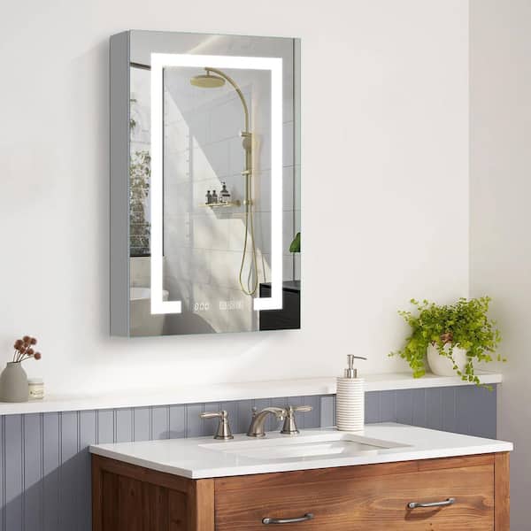 20 in.W x 32 in.H Rectangular Silver Recessed/Surface Mount Left Dimmable LED Medicine Cabinet with Mirror,Time Display