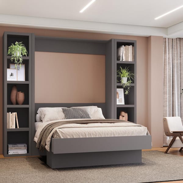 Easy-Lift Gray Wood Frame Full Murphy Bed with Bookshelf
