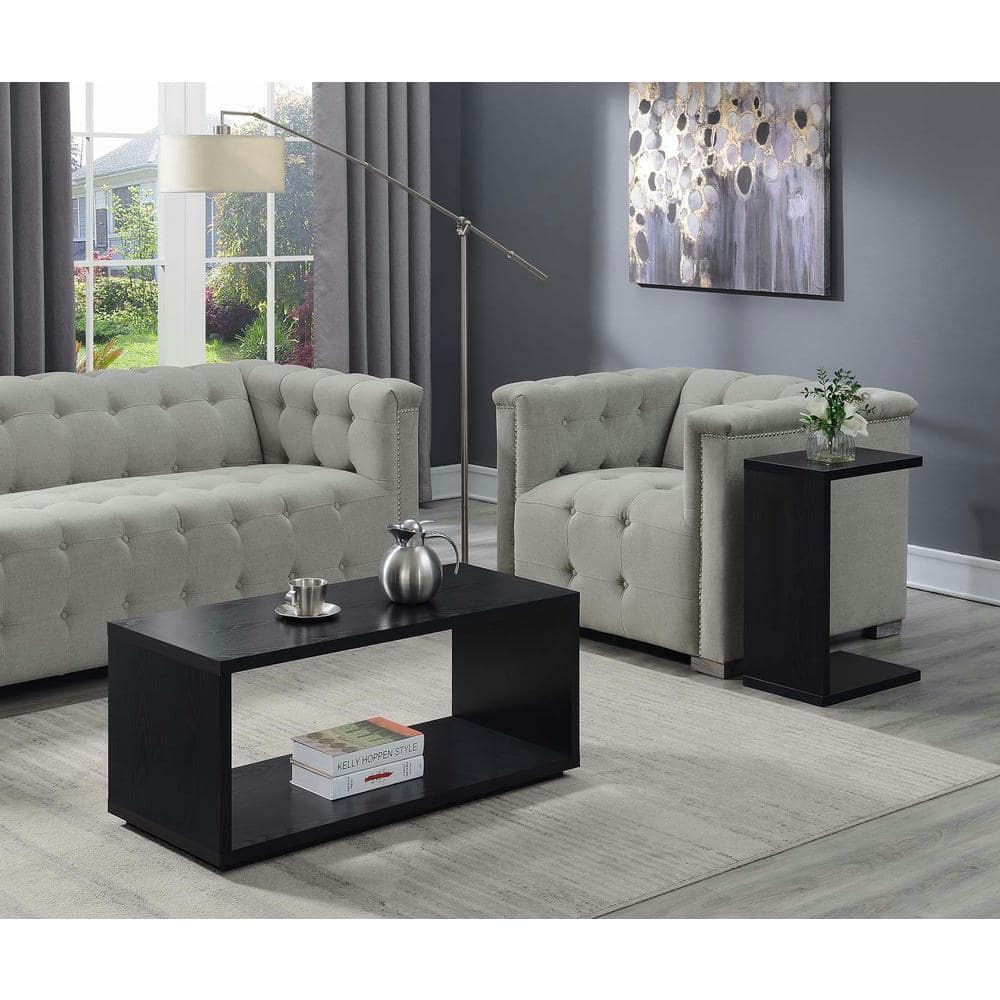 Black Rectangular Wood Coffee Table with Shelf