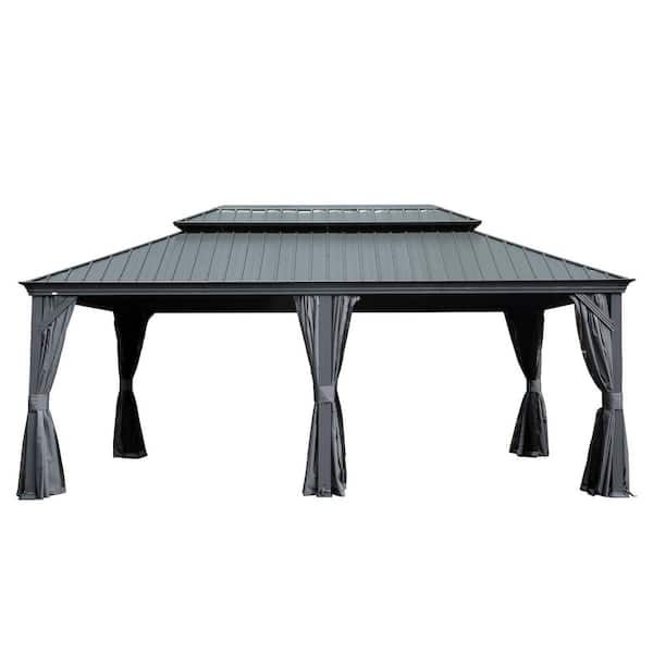 12 ft. x 10 ft. Hardtop Galvanized Steel Double Roof Patio Upgraded Metal Gazebo w/ Curtain, Netting and Drainage System