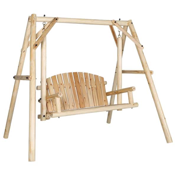 VEIKOUS 4.4 ft. 2-Person Natural Fir Wood Patio Swing with A-Frame Stand