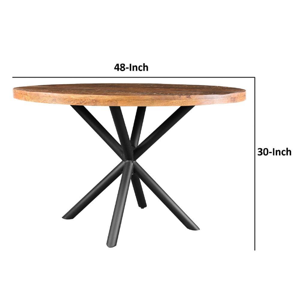 Rustic Farmhouse 48" Round Solid Mango Wood Dining Table with Iron Legs