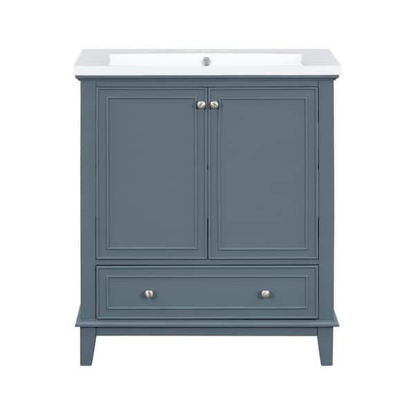30 in. Single Sink Freestanding Blue Bath Vanity with White Ceramic Top, Removable Drawer Divider