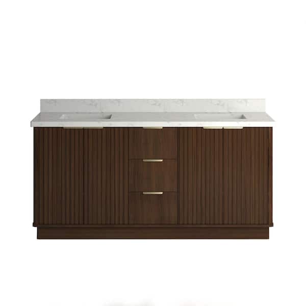 Kathryn 72 in. Double Freestanding Bath Vanity in Dark Oak with Statuario Venato Marble Quartz Top and Square Sinks