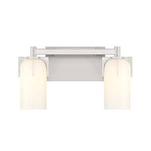 Caldwell 14.75 in. 2-Light Satin Nickel Bathroom Vanity Light with Etched White Opal Glass Shades