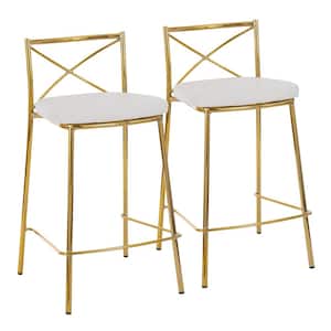 Modern Charlotte 33 in. White Faux Leather and Gold Metal High Back Fixed Counter Height Bar Stool (Set of 2)