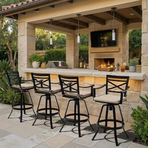 360° Swivel Patio Chairs Aluminum Outdoor Bar Stool with Sunbrella Canvas Antique Beige Cushion and Armrests (8-Pack)