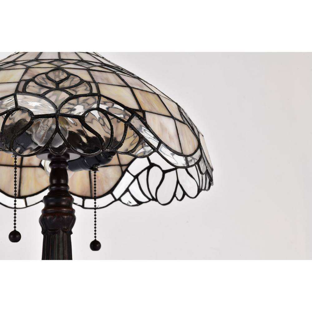 Pearl White Stained Glass and Bronze Table Lamp Set