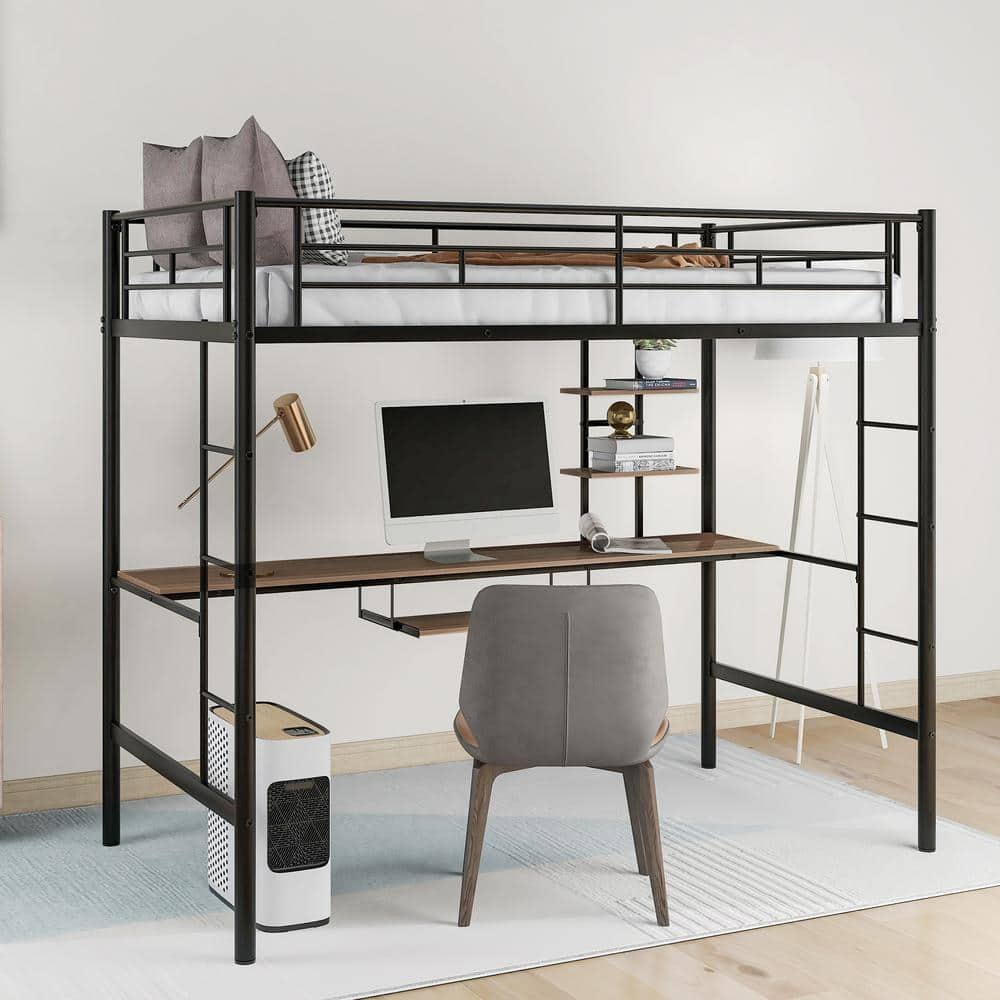 GOSALMON Black Twin Loft Bed with Desk and Shelf, Space Saving Design ...