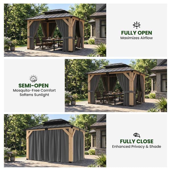 10 ft. x 12 ft. Outdoor Wooden Gazebo with Curtain and Netting Cedar Wood Patio Gazebo with Galvanized Steel Double Roof
