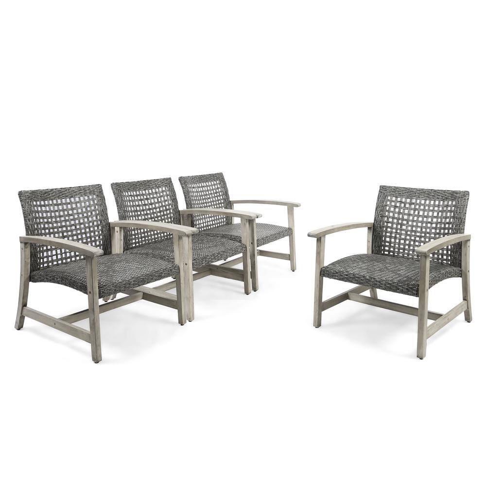 Gray and Black Acacia Wood Resin Wicker Lounge Chairs, Set of 4