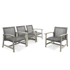 Hampton Light Gray Wood and Mixed Black Faux Rattan Armed Outdoor Lounge Chair (4-Pack)