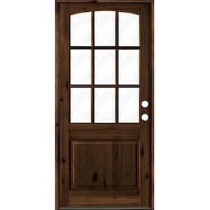 32 in. x 96 in. Knotty Alder Left-Hand/Inswing 9-Lite Arch Top Clear Glass Red Mahogany Stain Wood Prehung Front Door