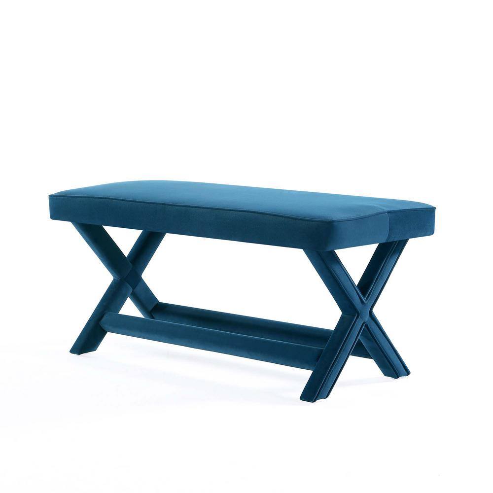 Abigail Blue Velvet Upholstered Double Ottoman with Solid Wood Frame