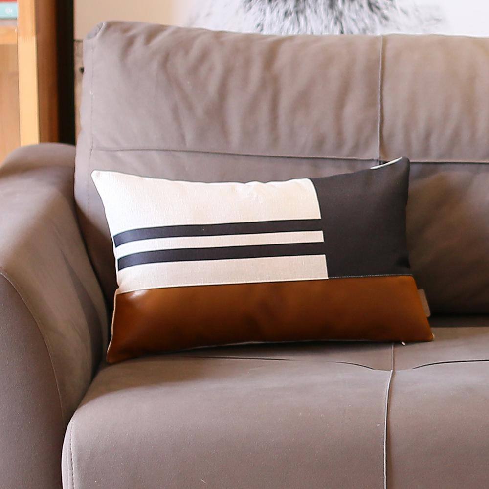 Bohemian Handmade Vegan Faux Leather Brown and Black Geometric Lumbar Pillow
