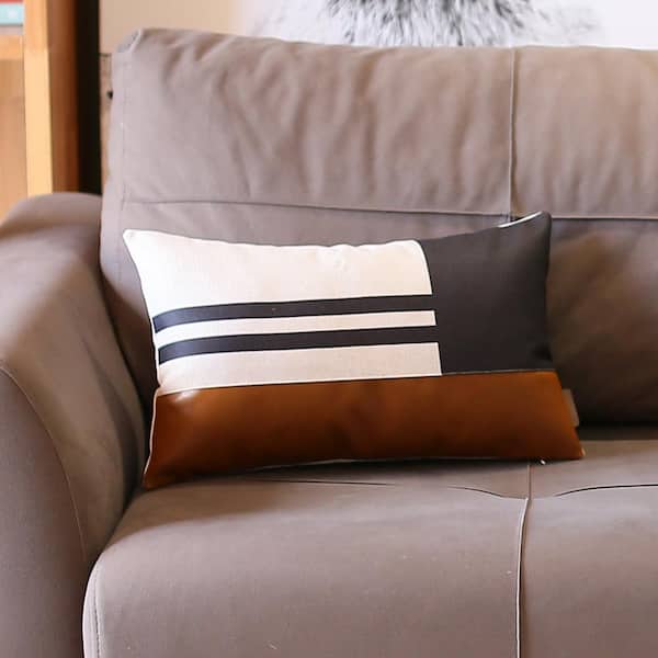 MIKE & Co. NEW YORK Bohemian Handmade Vegan Faux Leather Brown and Black 12 in. x 20 in. Lumbar Geometric Throw Pillow