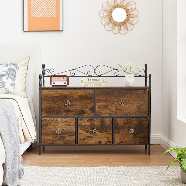 VECELO 5-Drawer Dresser 11.8 in. W Chest of Drawers Nightstand with Wood Top Rustic Storage Tower Storage Dresser Closet, Brown