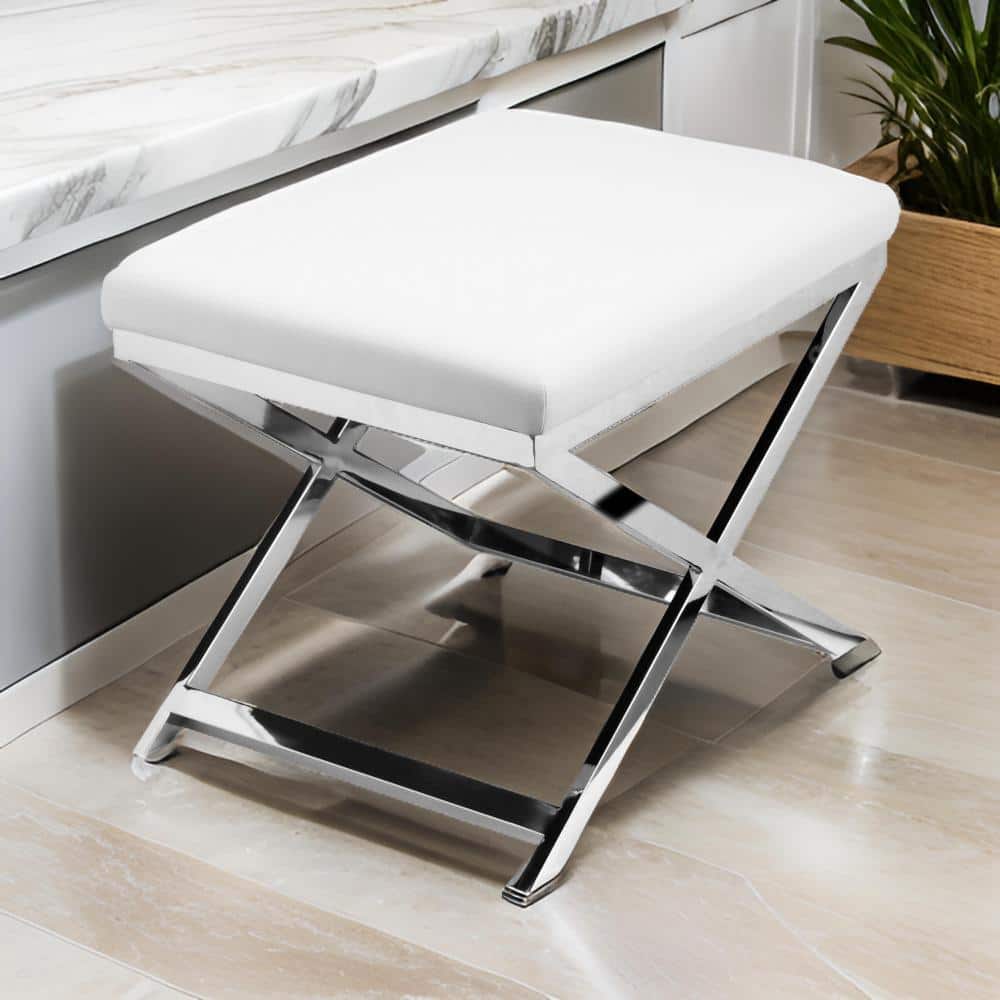 20 in. White and Chrome Low Back Metal Accent Stool with Faux Leather Seat price history on PriceWatchPro