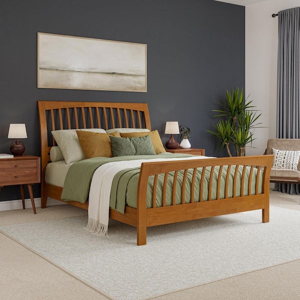 Orleans Light Toffee Natural Bronze Solid Wood Frame Queen Low Profile Sleigh Platform Bed with Matching Footboard