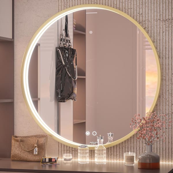 KeonJinn 32 in. W x 32 in. H Large Round Framed Metal Modern Wall Mounted Bathroom Vanity Mirror in Gold