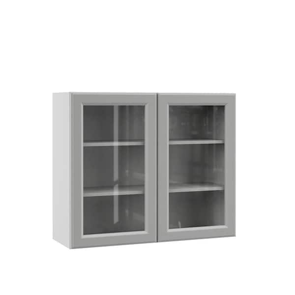 Hampton Bay Designer Series Elgin Assembled 36x30x12 in. Wall Kitchen Cabinet with Glass Doors in Heron Gray