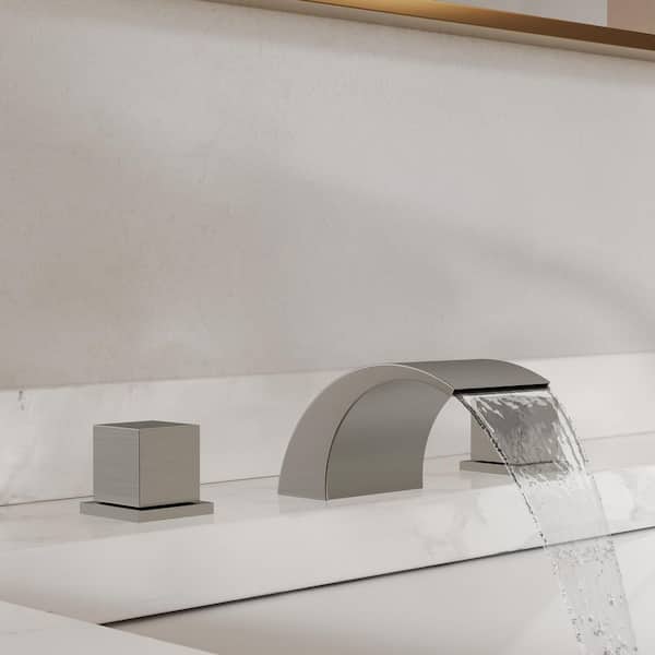 Waterfall 8 in. Widespread Deck Mount 2-Handle Bathroom Basin Sink Faucet 1.2 GPM in Brushed Nickel with Drain Included