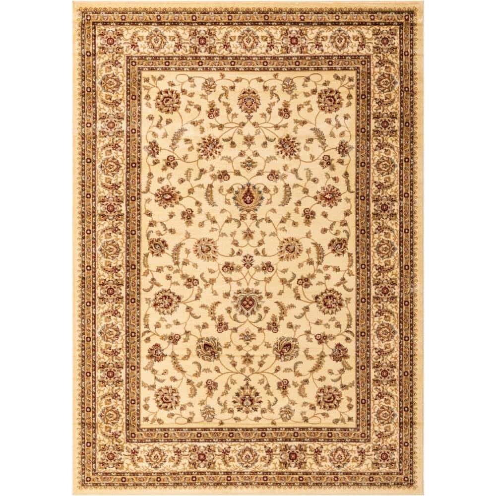 Ivory and Gold Rectangular Floral Synthetic Area Rug