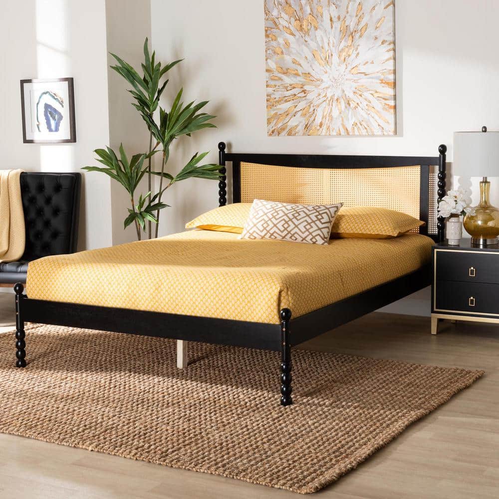 Okena Black Wood Queen Platform Bed with Woven Rattan Headboard