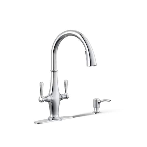KOHLER Pannier Two-Handle Pull Down Sprayer Kitchen Faucet in Polished Chrome