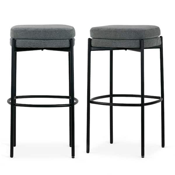 Glamour Home Avril 30 in. Gray Boucle Metal Backless Bar Stool with Black Metal Legs Set of 2