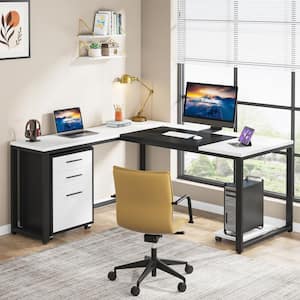 Lanita 63 in., L-Shaped White and Black Computer Desk with Mobile File Cabinet for Home Office