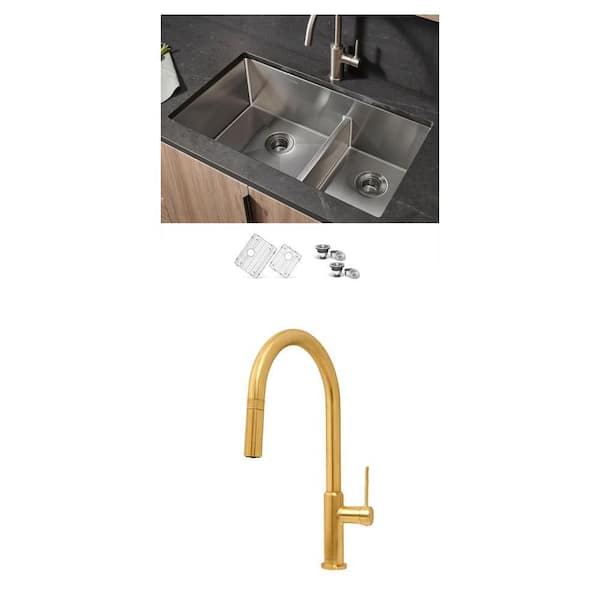 Urbana 33 in. Sink and Vestia Brushed Gold Pull Down Kitchen Faucet Combo