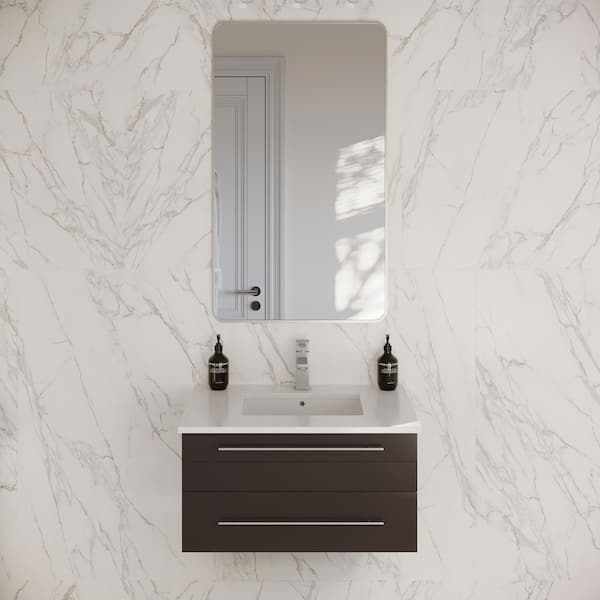 Lucera 30 in. Single Sink Wall Mount Floating Espresso Bath Vanity with White Quartz Top and Undermount Ceramic Sink
