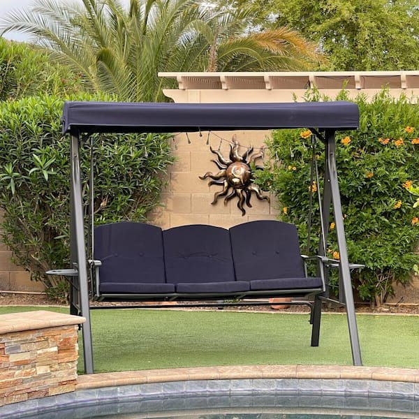 PURPLE LEAF 3-Person All-Weather Steel Frame Porch Swing with Adjustable Tilt Canopy, Cushions and Pillow Included, Navy Blue