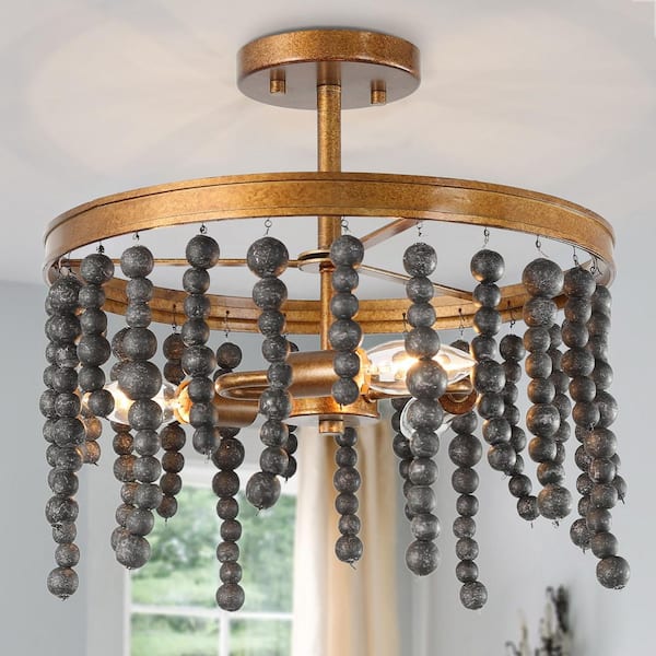 14.2 in. 3-Light Black Modern Transitional Circle Semi-Flush Mount Light with Natural Wood Beads for Foyer, Dining Room