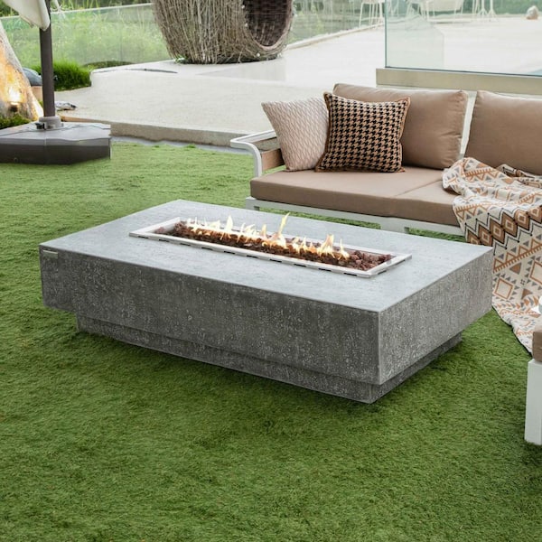 Envelor Hampton Outdoor Fire Pit 56 in. x 32 in. Rectangular Concrete Propane Fire Table with Lava Rocks and Cover