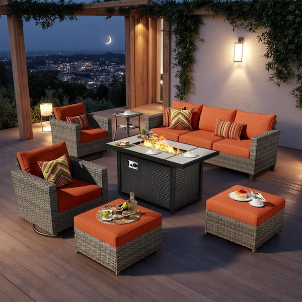 Camden Gray 7-Piece Wicker Outdoor 50000 BTU Fire Pit Patio Conversation Set with Orange Red Cushions and Swivel Chairs