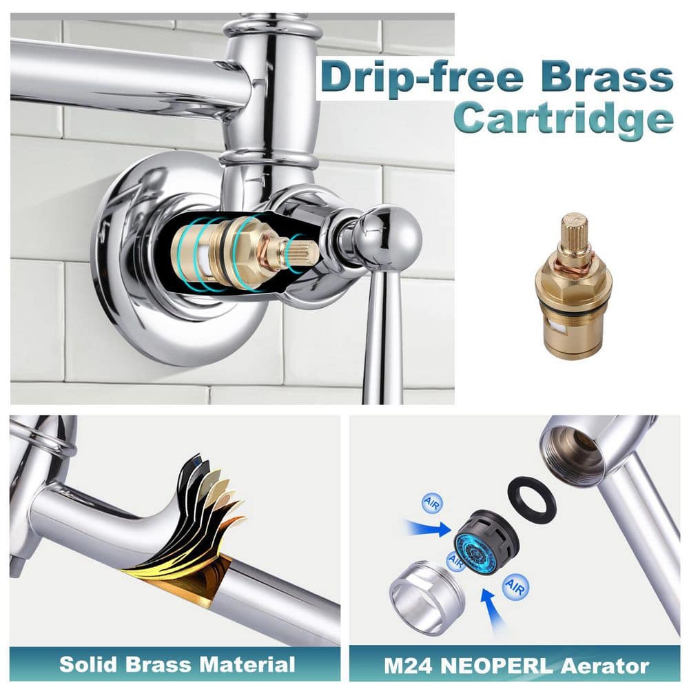 Chrome Wall-Mounted Double Handle Pot Filler Faucet