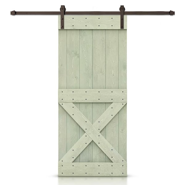 CALHOME Mini X 32 in. x 84 in. Sage Green Stained DIY Wood Interior Sliding Barn Door with Hardware Kit