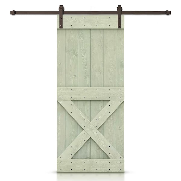 CALHOME Mini X Series 38 in. x 84 in. Pre-Assembled Sage Green Stained Wood Interior Sliding Barn Door with Hardware Kit