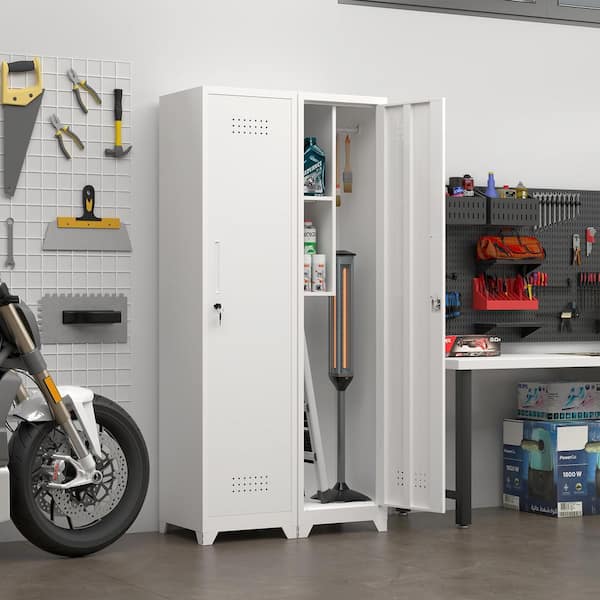 White 65 in. Metal Broom Storage Cabinet with Lockable Door Adjustable Hooks and Utility Shelves