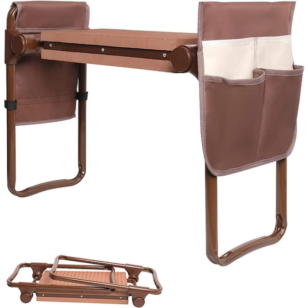 Unbranded Garden Kneeler and Seat with 2 Tool Pouches, Foldable Garden Stool with EVA Foam Kneeling Pad, Large, Brown
