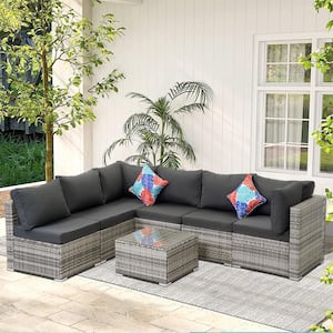 Grey 7-Piece Wicker Patio Conversation Set with Grey Cushions