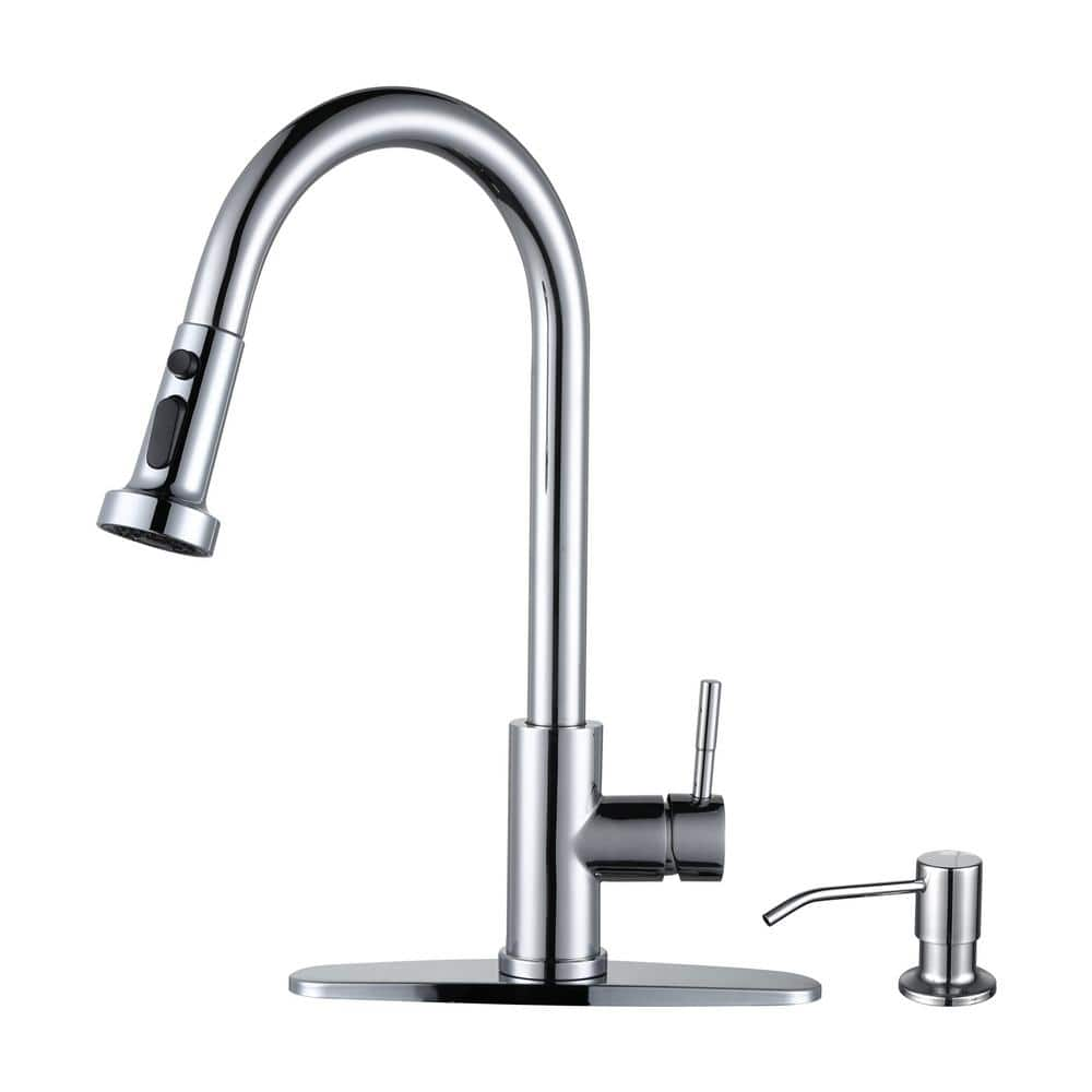 WOWOW Single Handle Pull Down Sprayer Kitchen Faucet with Soap Dispenser Stainless Steel in Polished Chrome