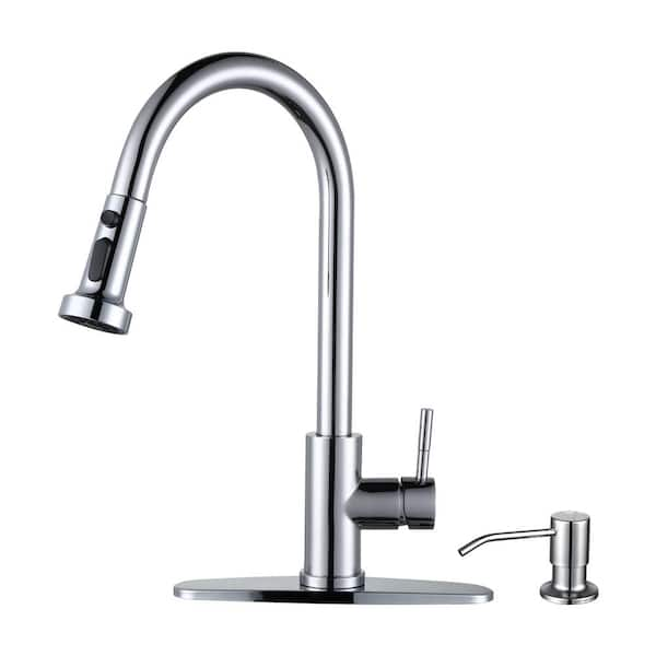 Single Handle Pull Down Sprayer Kitchen Faucet with Soap Dispenser Stainless Steel in Polished Chrome