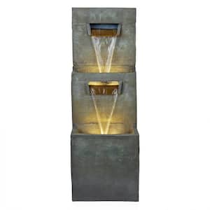 40 in. 2-Tier Modern Polystone Floor Waterfall Fountain with Warm White LED Lights, Gray
